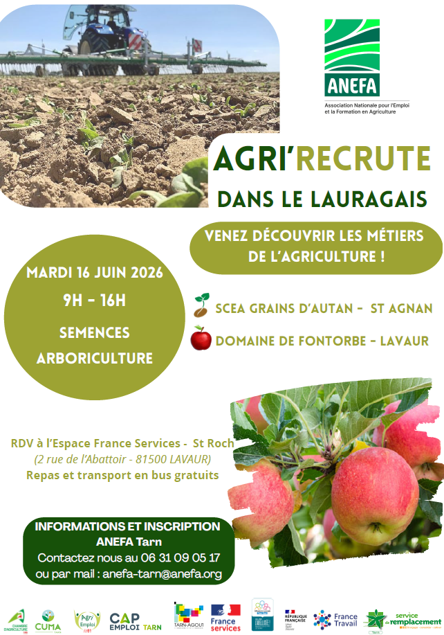 AGRi’RECRUTE DANS LE LAURAGAIS MARDI 16 JUIN 2026 de 9h - 16h